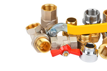 Plumbing fitting and tap, isolated on white background