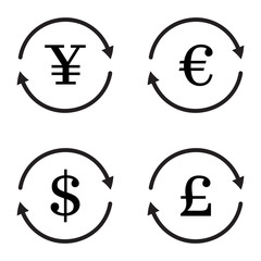 Finance currency exchange vector icon set. Yuan, dollar, euro, pound sterling money exchange