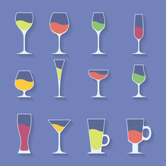 Vector icon set of utensil. Wine beer martini whiskey brandy glasses.