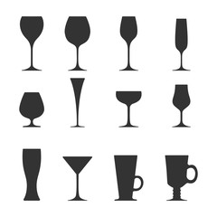 Vector icon set of utensil. Wine beer martini whiskey brandy glasses.