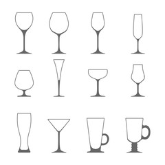 Vector icon set of utensil. Wine beer martini whiskey brandy glasses.