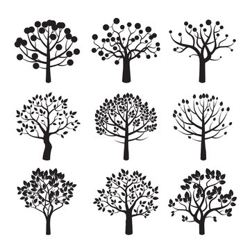 Set of black vector tree icons