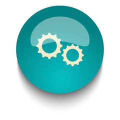 Gears vector icon on blue green glossy glass button on white bac