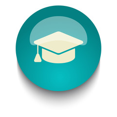 Graduation Cap vector icon on blue green glossy glass button on