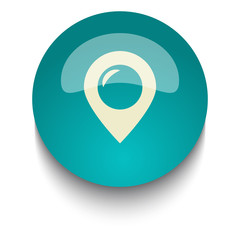 Place vector icon on blue green glossy glass button on white bac
