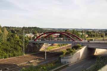 Holzbruecke in Werdau crossing over rail tracks and the Westtras
