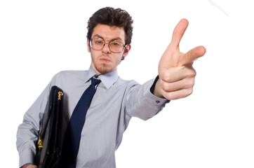 Young employee with briefcase isolated on white