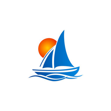 sunset boat sail ocean travel holiday logo