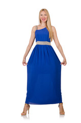 Beautiful woman in long blue dress isolated on white