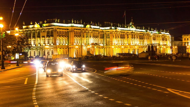 The State Hermitage Museum in the night. St. Petersburg. Russia. timelapse