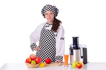 Female chef with fruits isolated on white