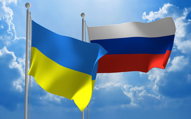 Ukraine and Russia flags flying together for diplomatic talks