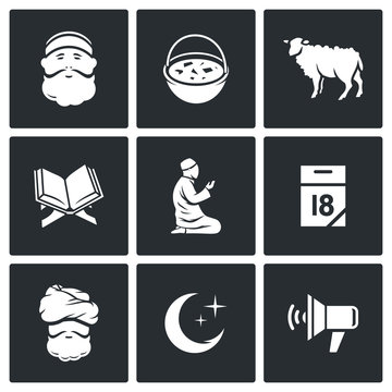 Ramadan - the month of fasting obligatory for Muslims icons set. Vector Illustration.