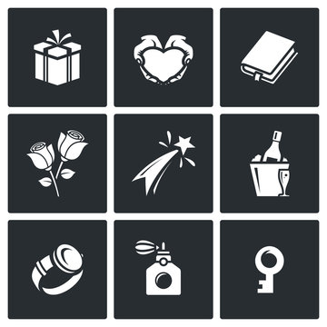 Gifts for women on holiday icons set. Vector Illustration.