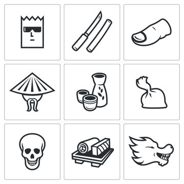 Yakuza, Japans organized crime icons set. Vector Illustration.