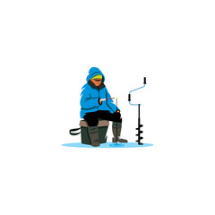 Winter fishing sign. Ice fisherman on lake. Vector Illustration.