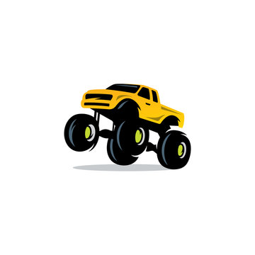 Monster Truck sign. The car on big wheels and high ground clearance. Vector Illustration.