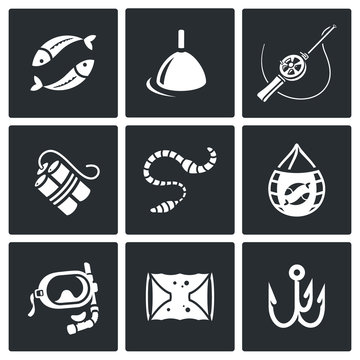 Fishing icons set. Vector Illustration.