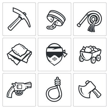 Quarry and slavery icons set. Vector Illustration.