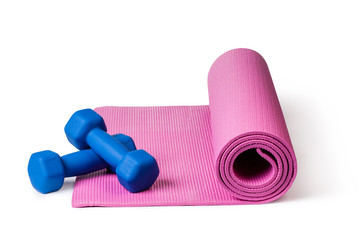 Yoga mat and dumbbells