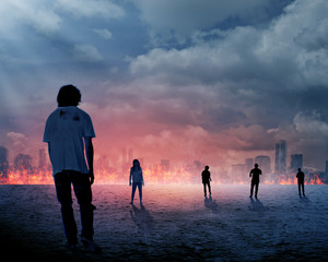 Group of zombie over burn city background