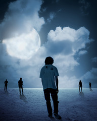 Group of zombie walking under full moon