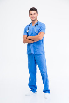 Full length portrait of a happy male doctor