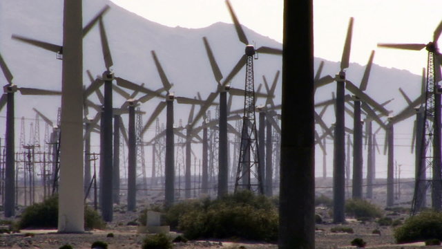 Wind Power 0108: Hundreds of windmills turn in the California desert.