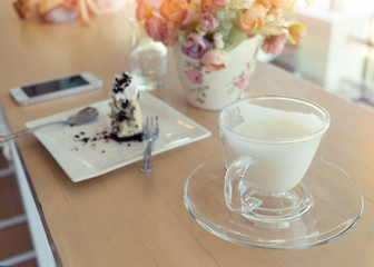 hot drink milk with cake in the morning