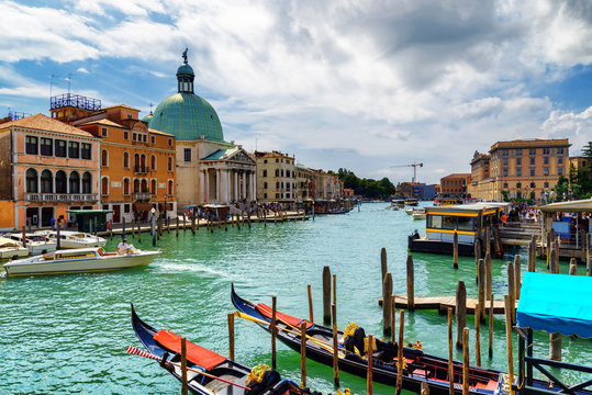 Beautiful view of the Grand Canal with gondolas in Venice, Italy