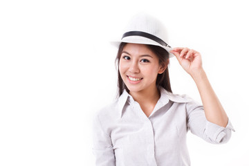 happy casual asian woman with white hat