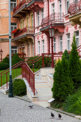 Fototapeta na wymiar mansion - Treppe mit Lampen und Tauben, Karlsbad, Karlovy Vary