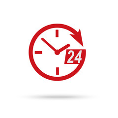 Red clock icon of 24 hour assistance