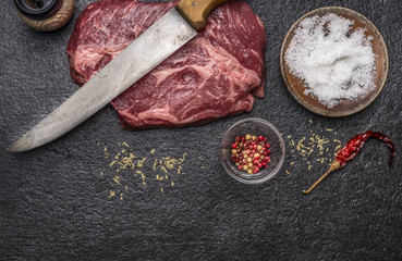 ingredients for cooking raw beef steak with salt and pepper carving knife pepper mill on a dark rustic background top view horizontal