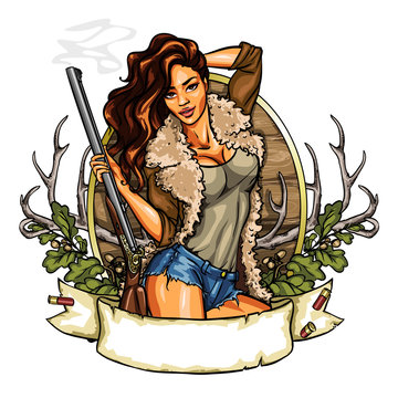 Hunting label with pretty woman holding shot gun