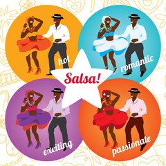 Salsa party or dance school poster with dancing cuban couple in different colors.
