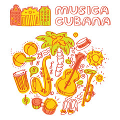 Salsa cuban music and dance illustration with musical instruments, palms, etc.