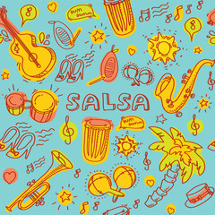 Salsa cuban music and dance illustration with musical instruments, palms, etc.