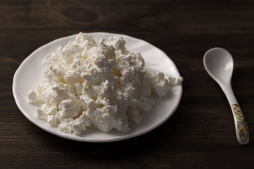 fresh tasty cottage cheese on a plate on wooden background. Homemade, curd