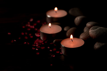 Beautiful Spa composition with aroma candles on wooden . Treatment, aromatherapy