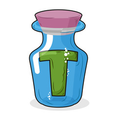 Letter in a laboratory bottle. T in  magic bottle with a wooden