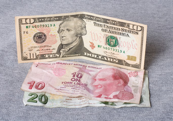 Financial crisis: new ten dollars over thirty crumpled turkish lira