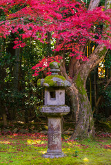 京都　高桐院の紅葉　石灯籠