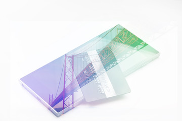 Double exposure: credit card on smartphone and aircraft. Business and travel concept. Vintage style filtered picture