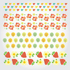 Sweet summer pattern with green trees, red strawberries, flowers and hearts