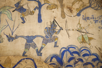 Ancient thai mural painting inside Wat Sanaunwariphattanaram in Khonkaen Thailand.