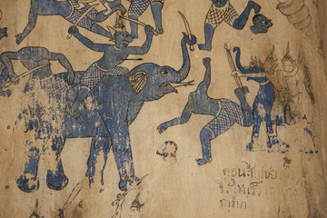 Ancient thai mural painting inside Wat Sanaunwariphattanaram in Khonkaen Thailand. © patarapong