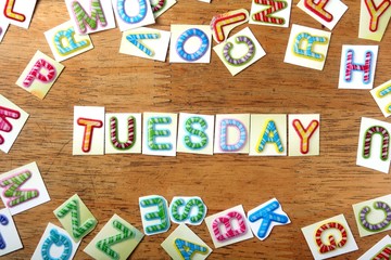 Colorful letters spelled as tuesday