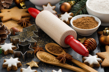 Fototapeta na wymiar ingredients for Christmas baking and cookies, selective focus