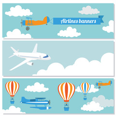 Fototapeta na wymiar Set of flying airplanes banners for your text.